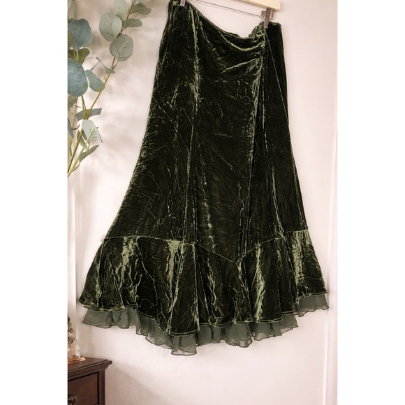 Lauren Ralph Lauren Green Velvet Skirt Silk Blend Romantic Cottagecore Sz 12 Y2K - Picture 2 of 7